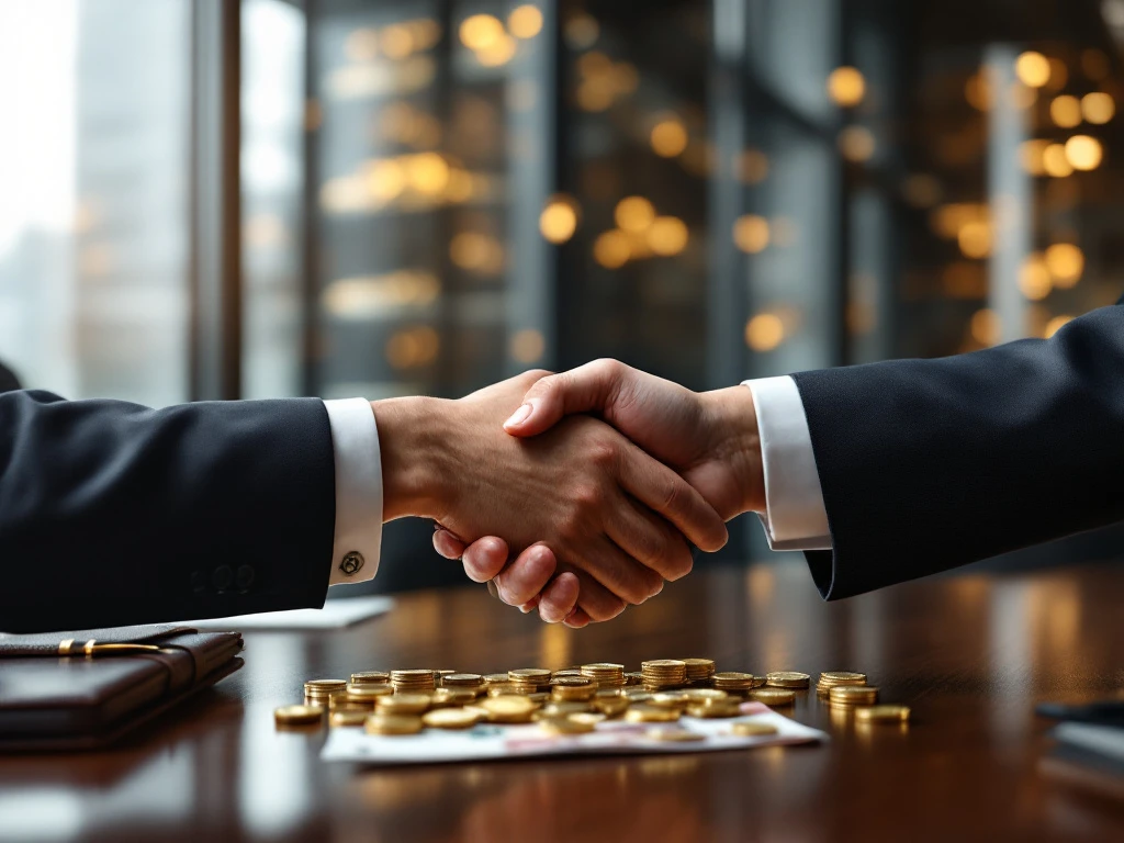 Zakelijke handdruk boven mahonie tafel met euro bankbiljetten en munten, moderne kantooromgeving op achtergrond