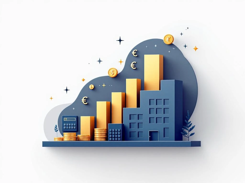 Minimalistische financiële infographic met gebouw dat overgaat in stijgende grafieken, muntstapels en euro-symbolen in navy en goud