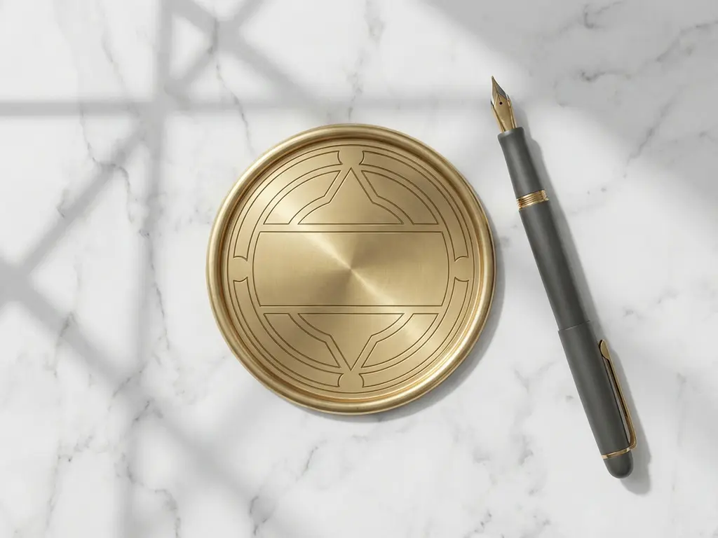 Gouden certificeringszegel op wit marmeren bureau met vulpen, geometrische schaduwen en minimalistische compositie