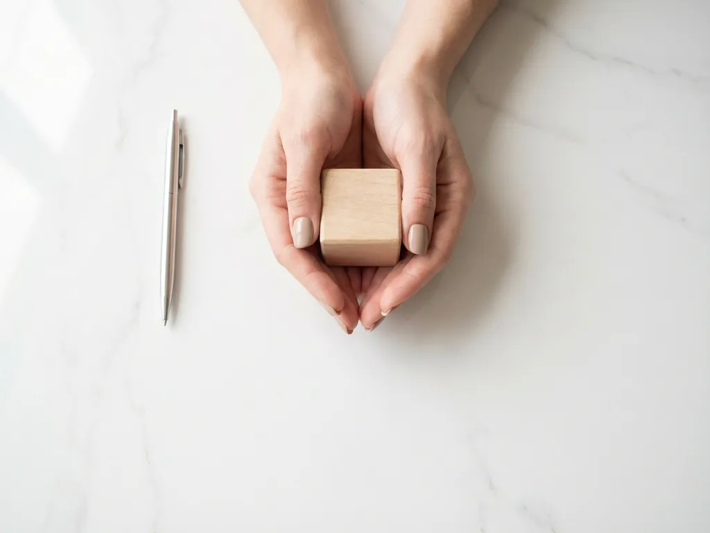 Elegante handen houden houten speelblok vast naast zilveren pen op wit marmeren bureau, minimalistisch bovenaanzicht