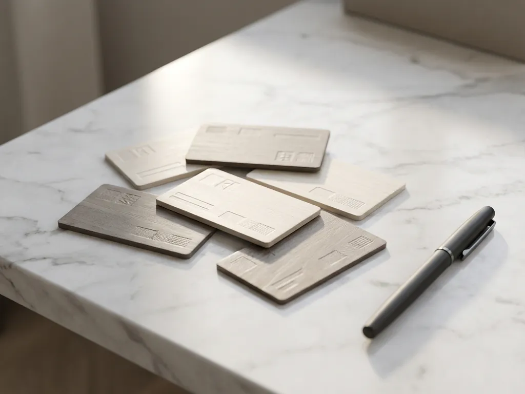 Houten visitekaartjes met reliëftextuur verspreid over marmeren bureau met elegante pen, zachte schaduwen en natuurlijk licht