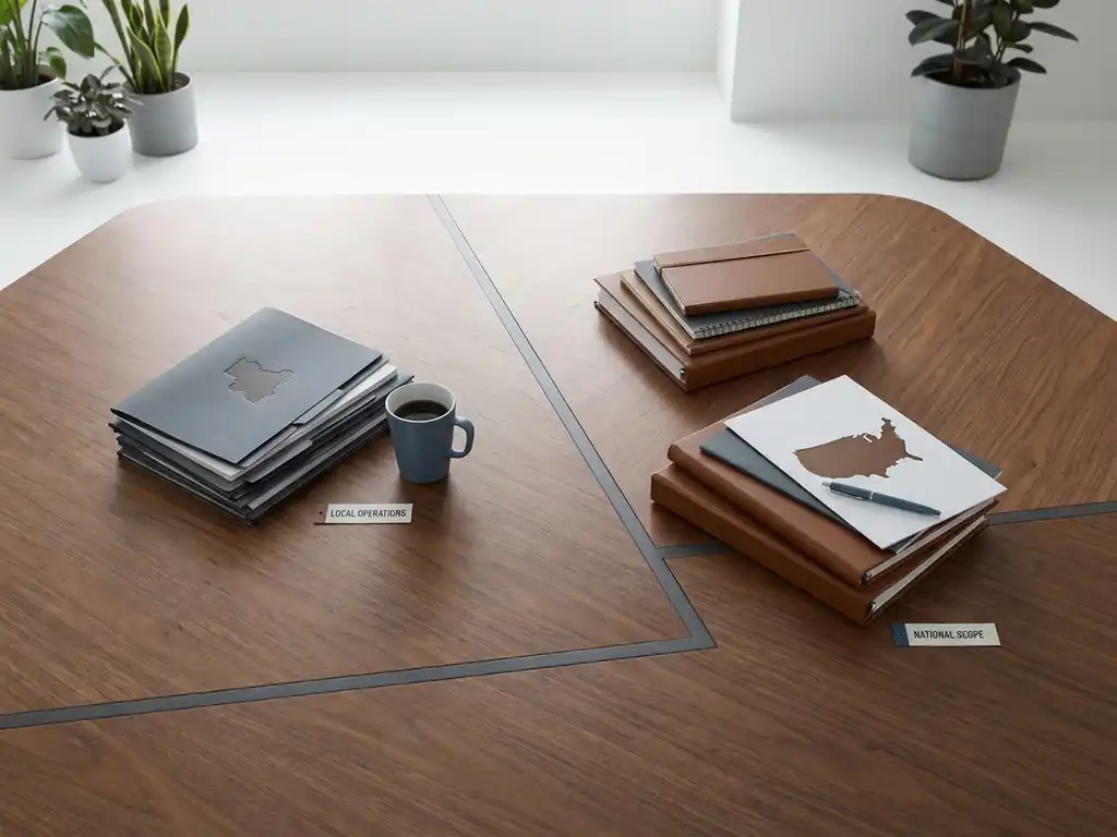 Houten vergadertafel van bovenaf met twee stapels bedrijfsdocumenten, lokale operaties met regionale kaart en nationale scope met landkaart, minimalistische witte vergaderruimte