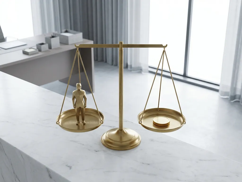 Gouden weegschaal met persoonsfiguur en munt in evenwicht op wit marmeren bureau in modern kantoor