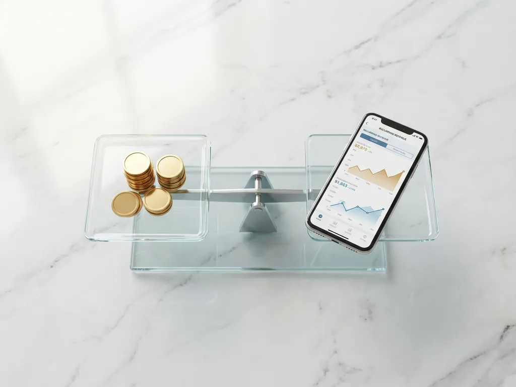 Glazen weegschaal met gouden munten en smartphone met omzetgrafieken op wit marmeren bureau, bovenaanzicht