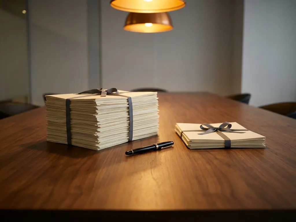Houten vergadertafel met twee stapels juridische documenten van verschillende hoogtes en een vulpen ertussen