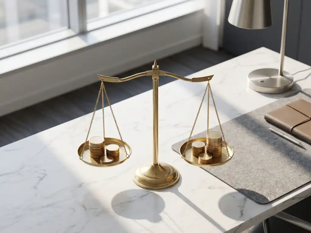 Gouden weegschaal met gestapelde munten op witte marmeren bureau in modern kantoor met natuurlijk licht
