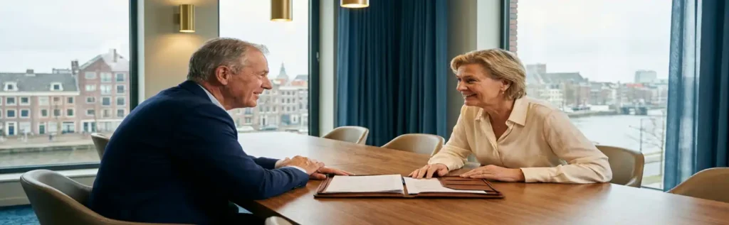 Adviseur en ondernemer bespreken financieel dossier aan vergadertafel in modern Nijmegen kantoor met uitzicht op de stad.