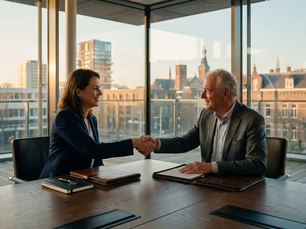 Adviseur en mkb-ondernemer schudden handen aan eikenhouten vergadertafel met Tilburgs stadssilhouet op de achtergrond.