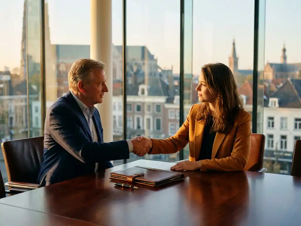 Adviseur en ondernemer schudden handen aan een mahonie vergadertafel in Breda, met een leren dossier en vulpen ertussen.