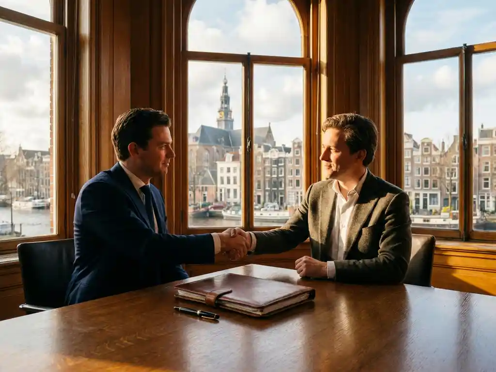 Adviseur en ondernemer schudden handen aan eikenhouten vergadertafel met leren dossier, klassieke Amsterdamse grachten skyline op achtergrond.