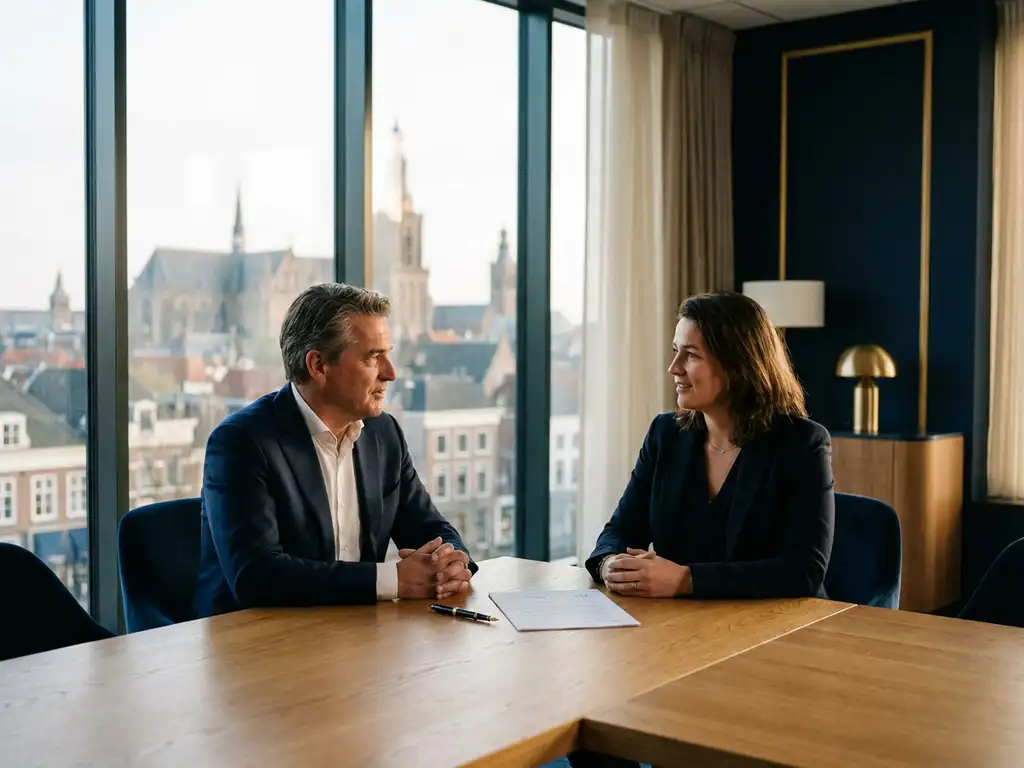 Adviseur en ondernemer aan eikenhouten tafel in Den Bosch-kantoor met getekend document en Mont Blanc pen, skyline op achtergrond.
