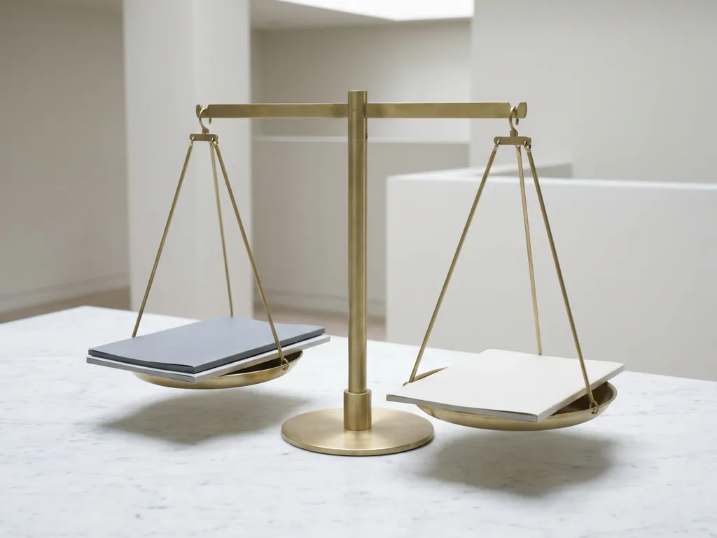 Messing weegschaal in balans op marmeren bureau met twee documentmappen, symbool voor juridische en financiële afweging.