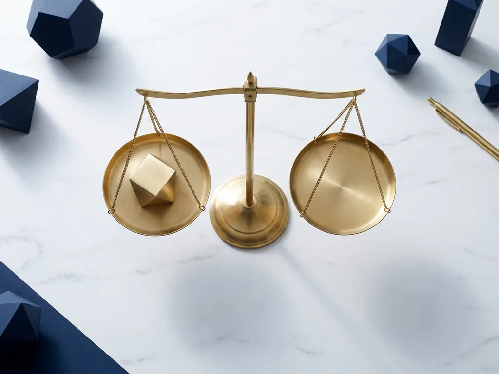 Gepolijste messing weegschaal in balans op wit marmeren bureau met geometrische kubus, zakelijke activa symboliserend.