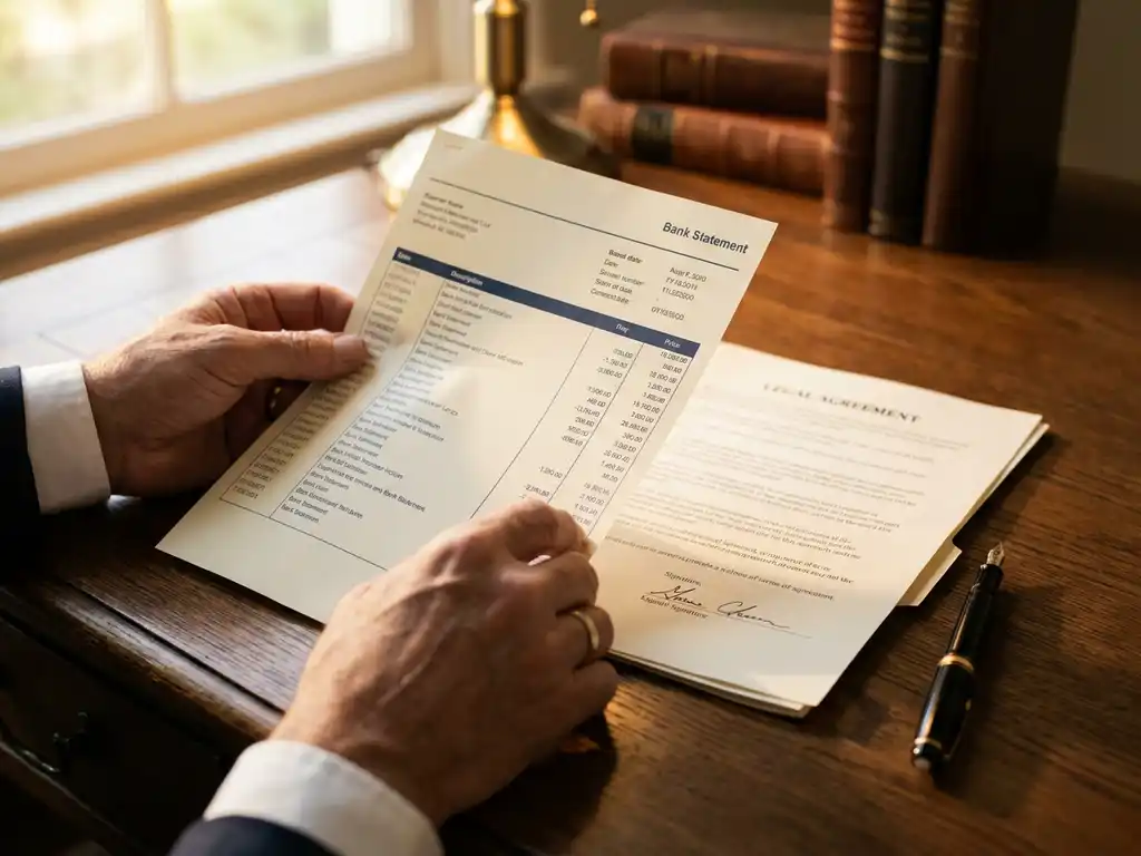 Handen van een ondernemer die een bankafschrift vergelijkt met een ondertekend contract op een donker eiken bureau, vulpen op de voorgrond.