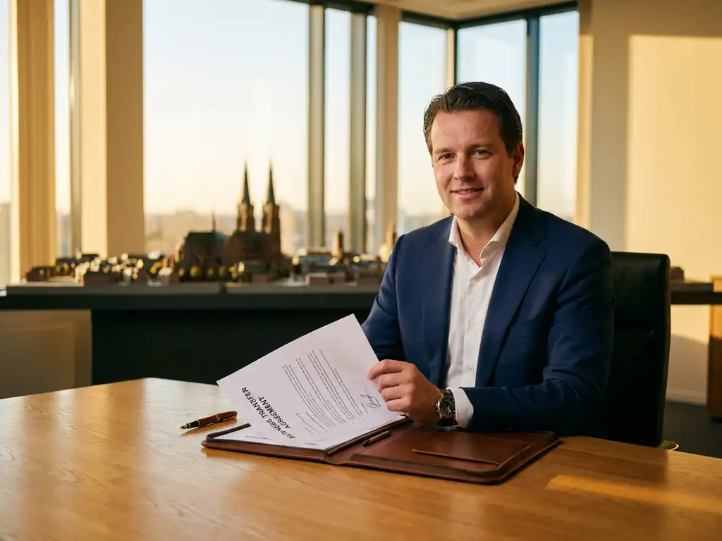 Ondernemer in maatpak ondertekent bedrijfsoverdracht aan eikenhouten bureau met skyline van Tilburg op achtergrond.