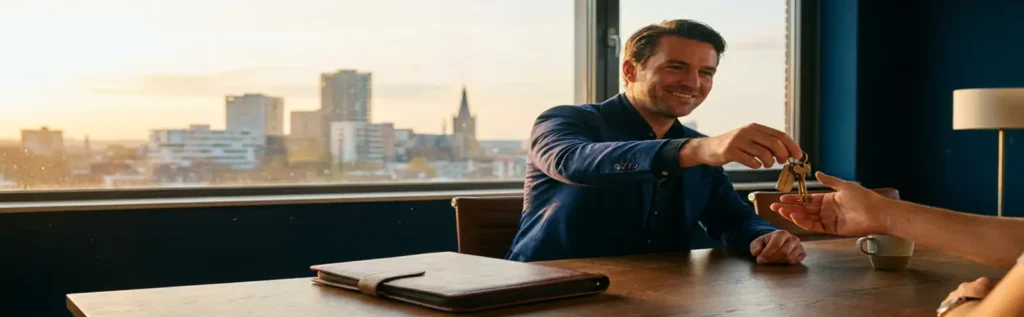 Ondernemer overhandigt sleutels in modern kantoor in Arnhem met eiken bureau en leren portfolio op de voorgrond.