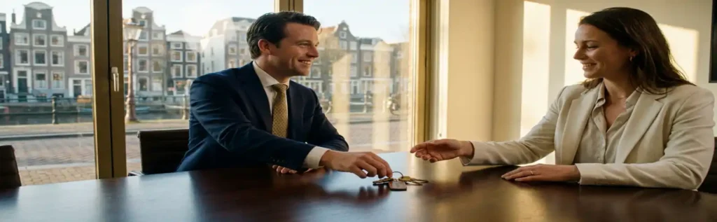 Ondernemer in maatpak schuift kantoorsleutels over vergadertafel naar werknemer tijdens bedrijfsoverdracht, Nederlands stadslandschap op achtergrond.