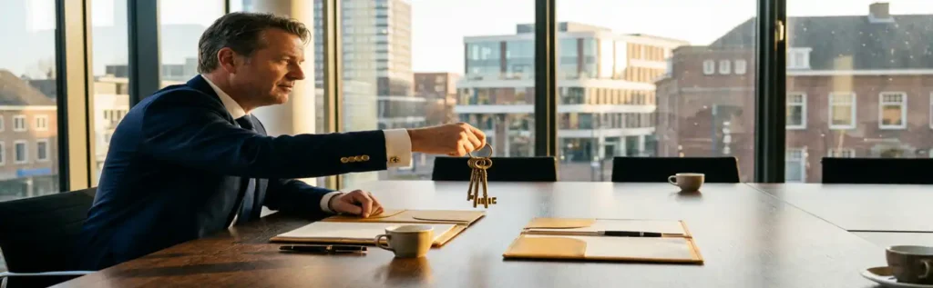 Ondernemer overhandigt sleutels aan tafel in Tilburg met moderne skyline op de achtergrond en gouden middaglicht.