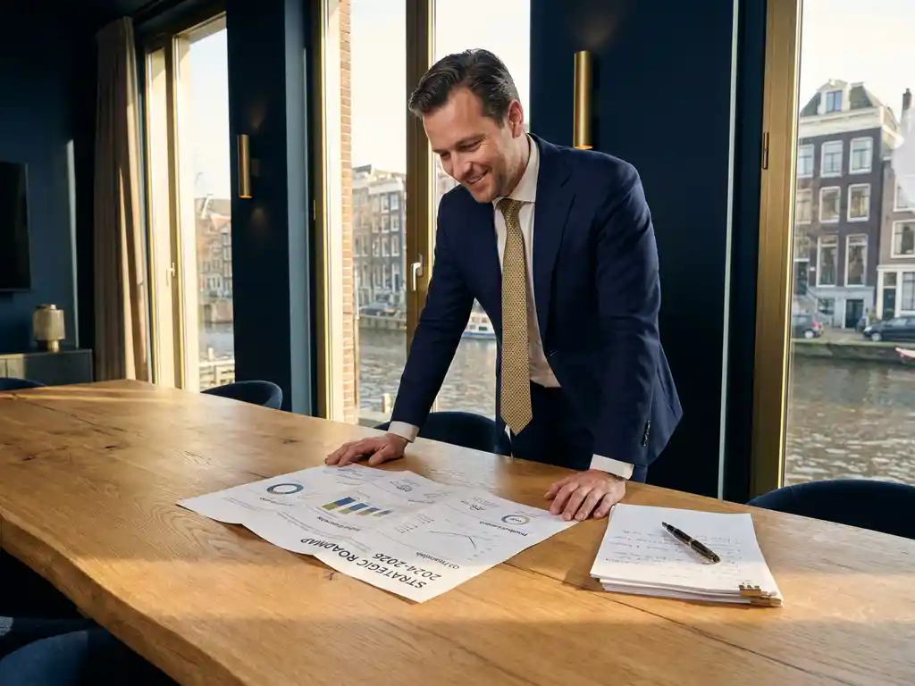Ondernemer bestudeert financieel stappenplan op eikenhouten vergadertafel in modern glazen kantoor in Amsterdam.