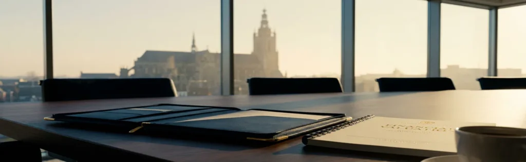 Opengeslagen leren portfolio op vergadertafel met financieel waarderingsrapport, Sint-Janskathedraal Den Bosch zichtbaar door raamwand.