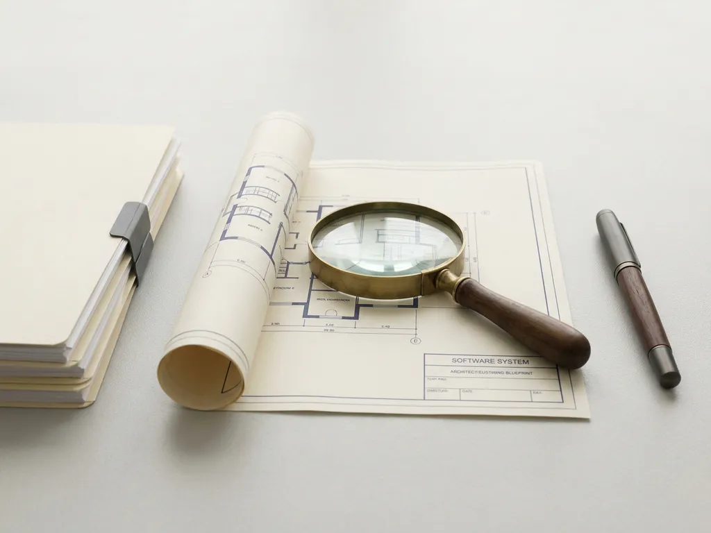 Vergrootglas op een architectuurblueprint van een softwarediagram, omringd door juridische documenten en een vulpen op een grijs bureau.