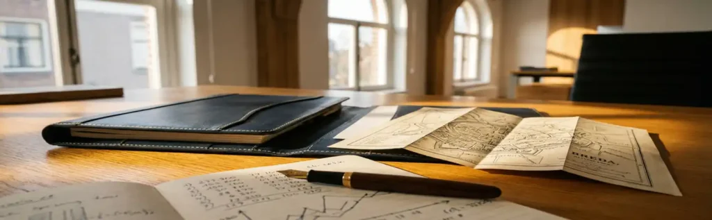 Opengeslagen leren portfolio op eikenhouten bureau met stadskaart van Breda, vulpen op handgeschreven financiële cijfers, warm middaglicht.