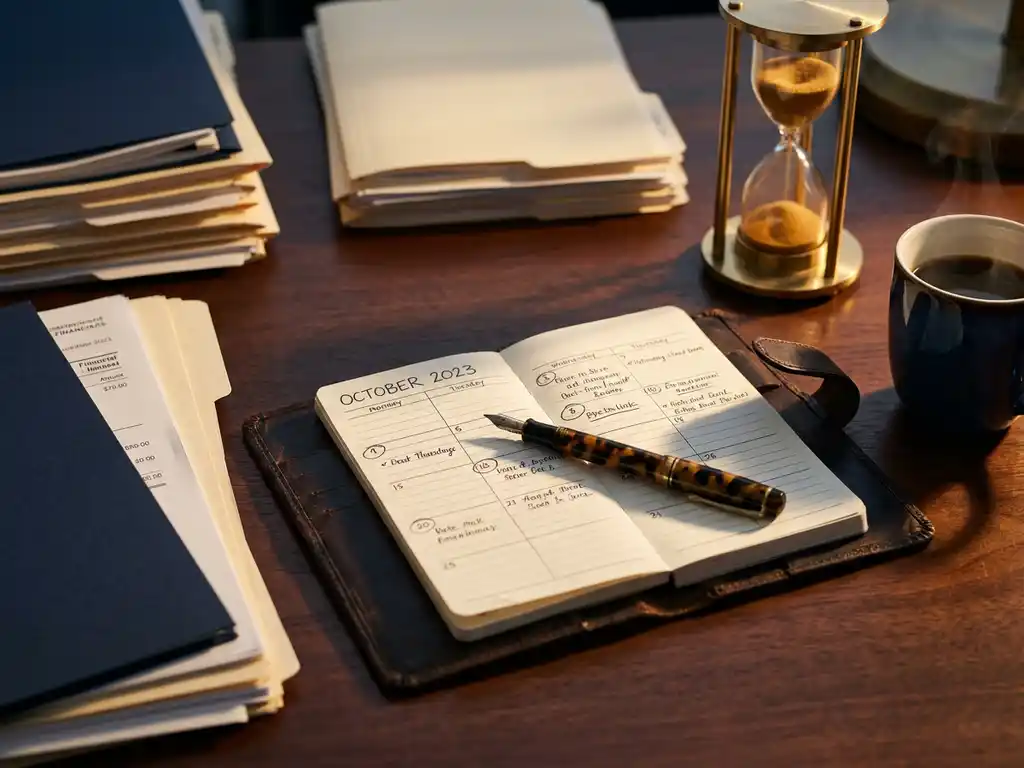 Opengeslagen leren bureaukalender met tijdlijn, omringd door financiële dossiers, vulpen en messing zandloper op mahonie bureau.