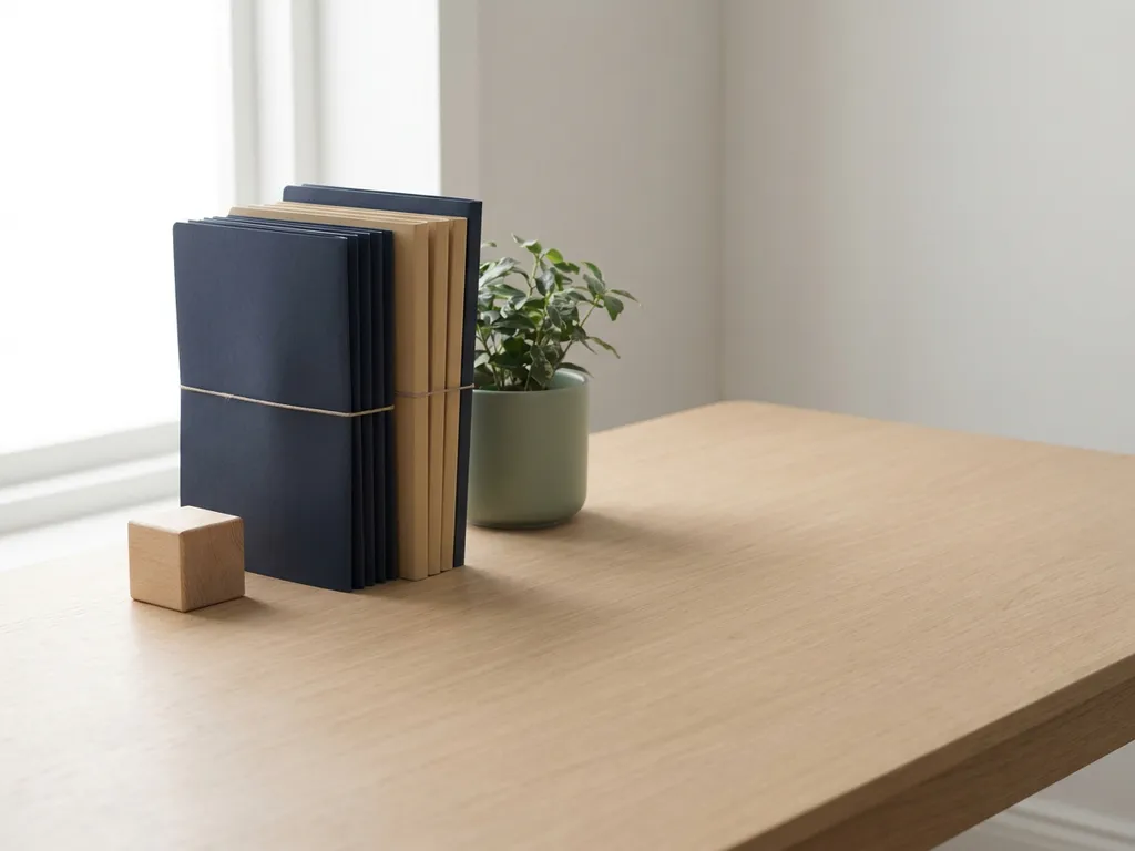 Eiken bureau met houten speelgoedblok, financiële documenten en groene potplant in minimalistisch interieur.