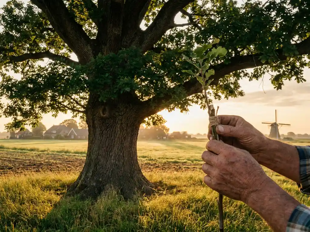 Ervaren handen enten een jonge spruit op een oude eik in een Nederlands veld tijdens gouden uurgloed.