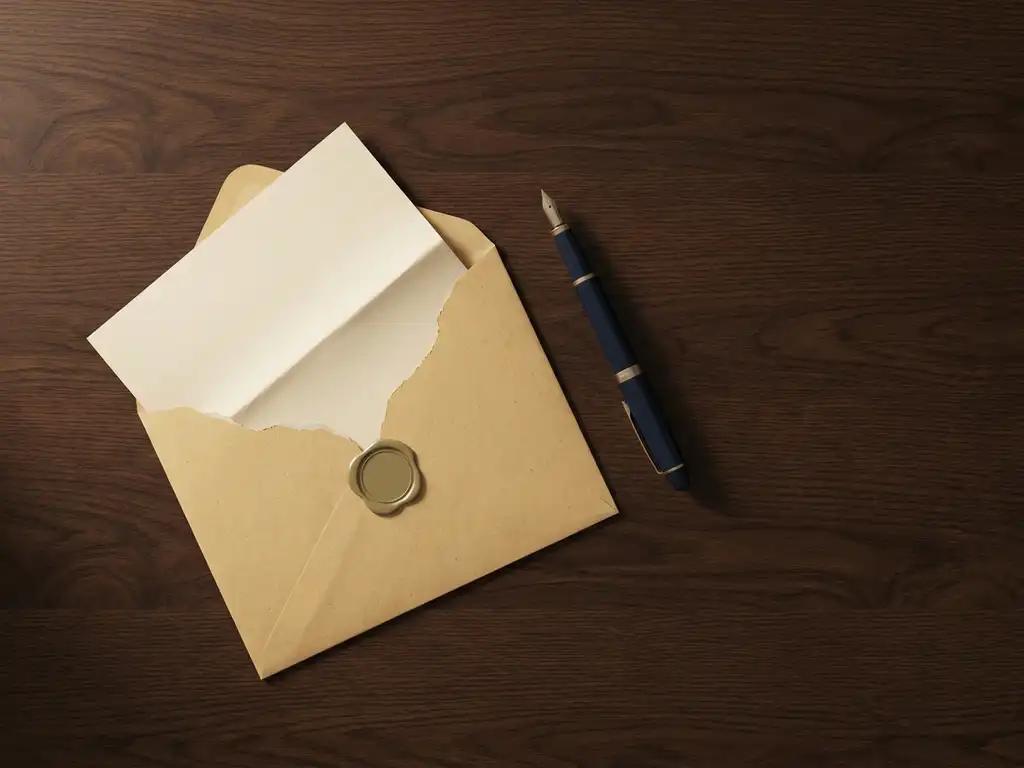 Halfopen manila envelop op donker eiken bureau met gevouwen document en vulpen ernaast, zachte diagonale belichting.