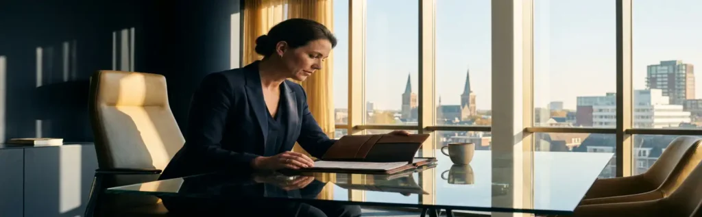 Financieel adviseur in maatpak bestudeert dossier aan glazen bureau met skyline van Arnhem op de achtergrond.
