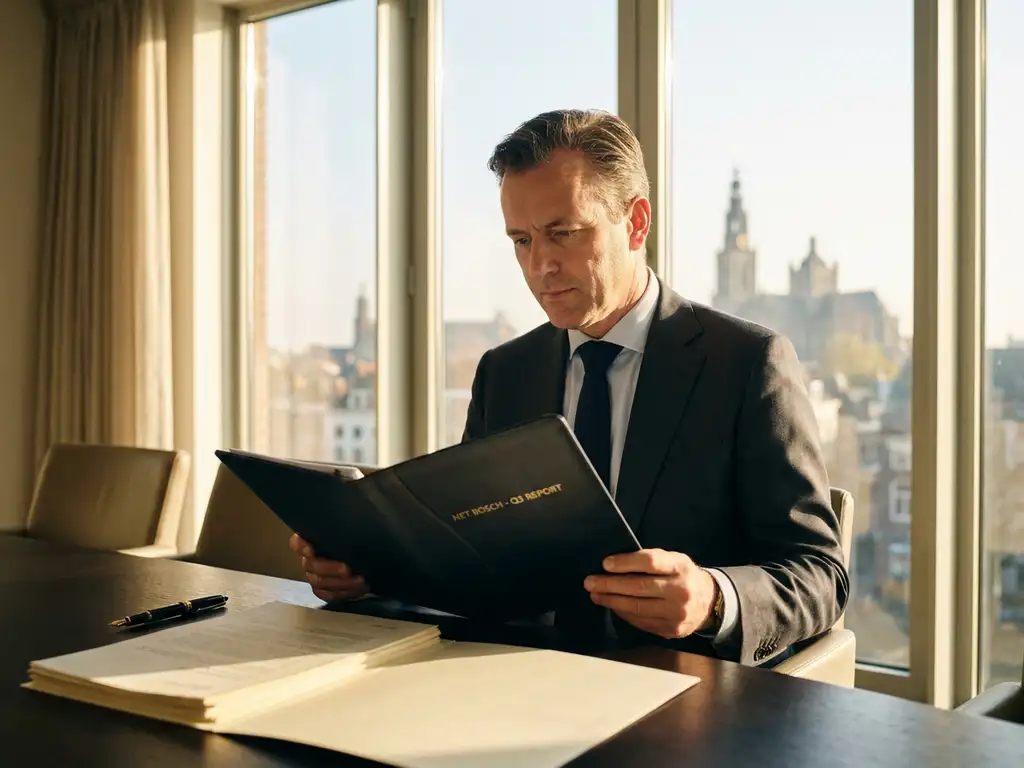 Financieel adviseur in maatpak bestudeert dossier aan vergadertafel met skyline van Den Bosch op de achtergrond.