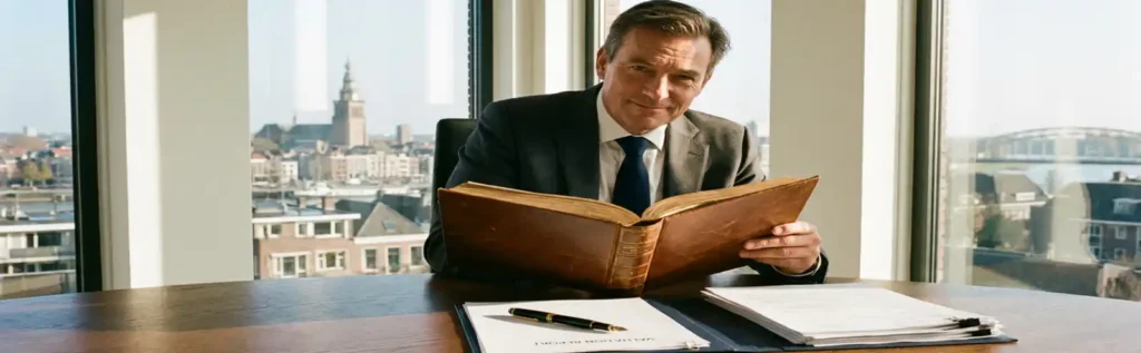 Adviseur bekijkt leren financieel dossier aan donker eikenhouten bureau met uitzicht op historische skyline van Nijmegen.