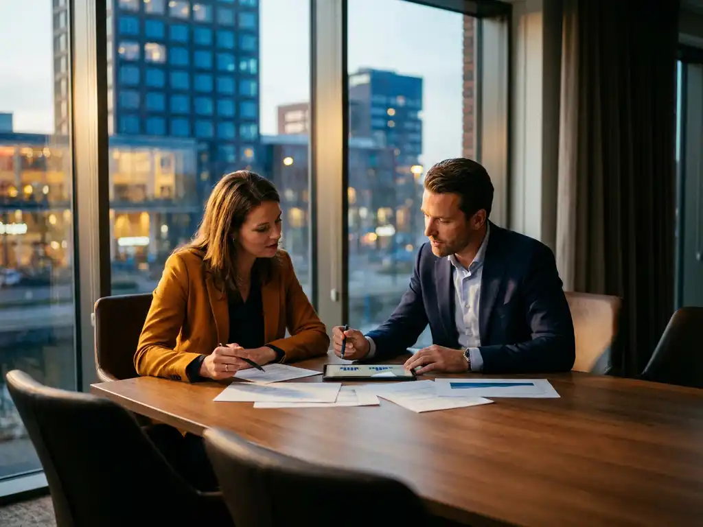 Adviseur en ondernemer bespreken financiële documenten aan vergadertafel met Tilburg skyline op achtergrond.