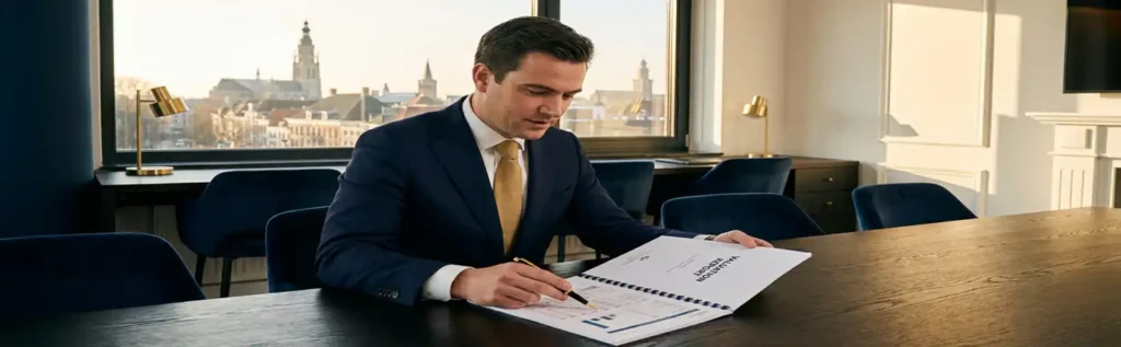Adviseur bestudeert financieel waarderingsdocument aan donker eiken bureau met uitzicht op de skyline van Breda.