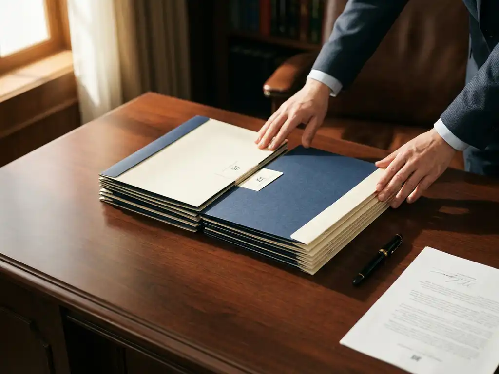 Handen voegen twee sets bedrijfsdocumenten samen op een executive bureau, met een vulpen naast een ondertekend akkoord.