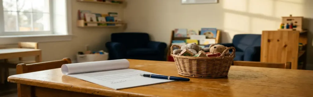 Zakelijk document met vulpen op houten tafel in gezinsopvang, naast rieten mandje met kinderspeelgoed in warm middaglicht.