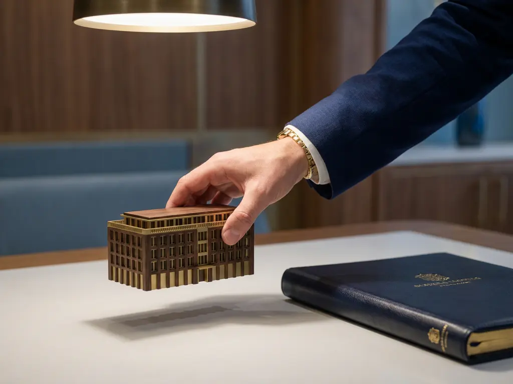 Adviseur plaatst architectuurmaquette op bureau naast financieel dossier, zakelijke sfeer in marineblauw en goud.