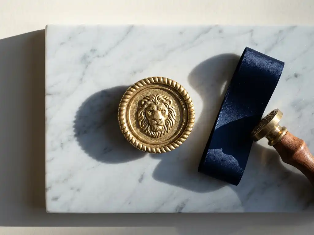 Gouden zegelmédaillon op wit marmer, met reliëfrand en scherpe schaduwen in marineblauw en goudtinten.
