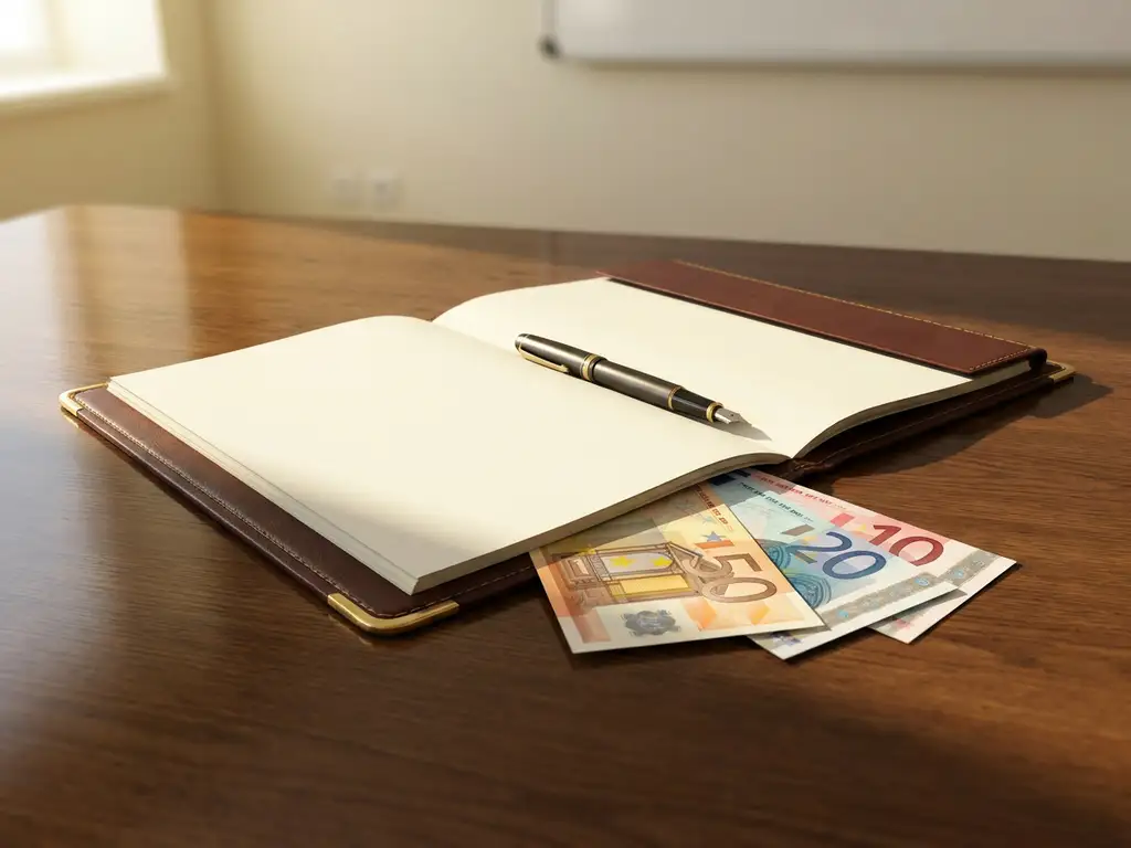 Opengeslagen leren contractmap op donker eiken bureau met eurobiljetten en vulpen, zakelijke sfeer in goud- en grijstinten.