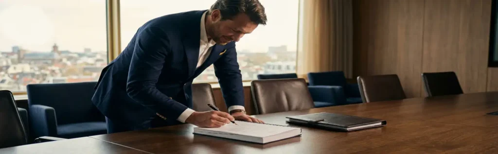 Manager ondertekent acquisitiedocument aan donkere eikenhouten vergadertafel met vulpen en financieel dossier in Nederlands kantoor.
