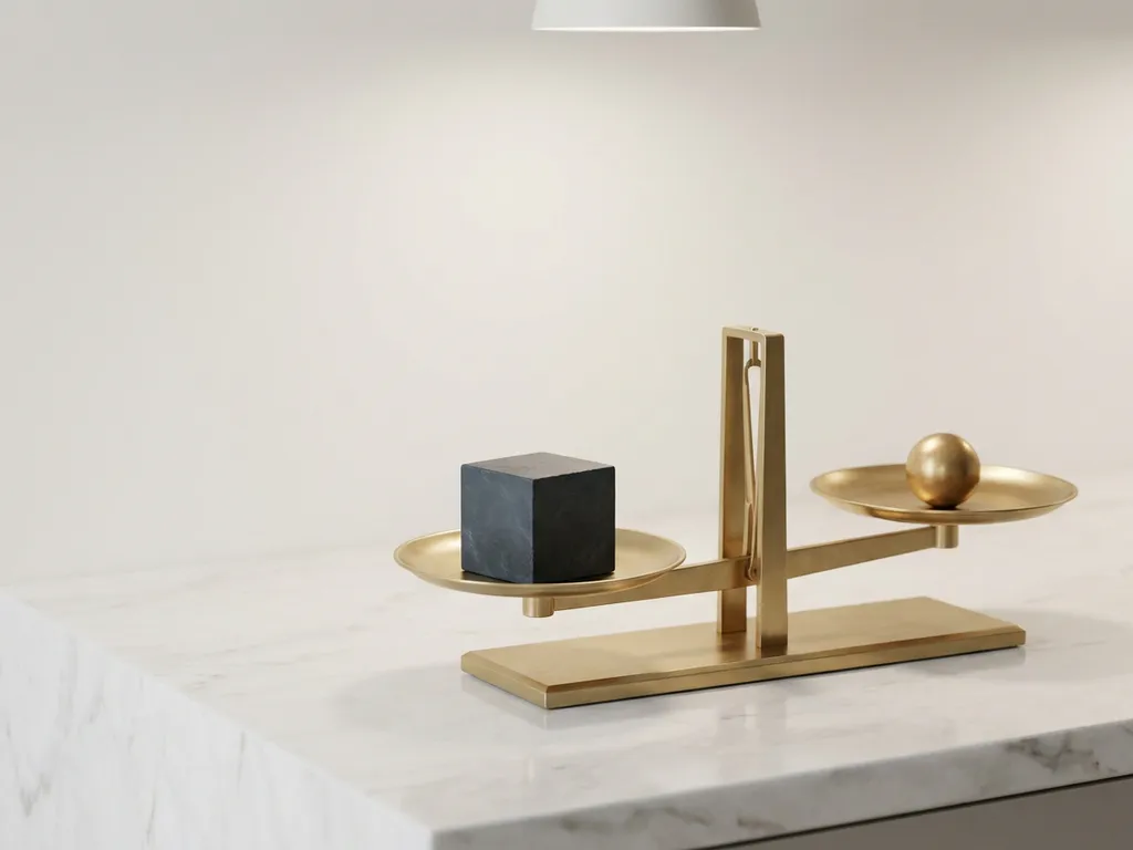 Messing weegschaal met twee geometrische gewichten op wit marmer, één kant licht omlaag, warme gouden en koele leisteentinten.