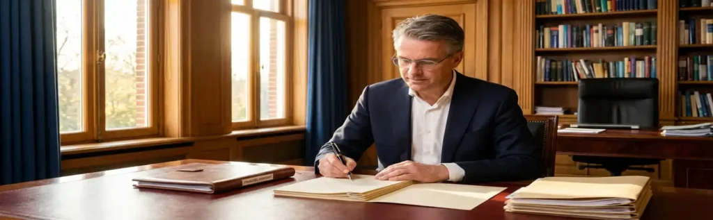 Nederlandse ondernemer in maatpak die bedrijfsoverdracht documenten ondertekent aan een mahonie bureau in warm kantoorlicht.