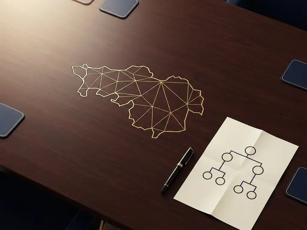 Kaart van Noord-Brabant provincie op crèmekleurig papier naast een vulpen en organigram op een mahonie vergadertafel.