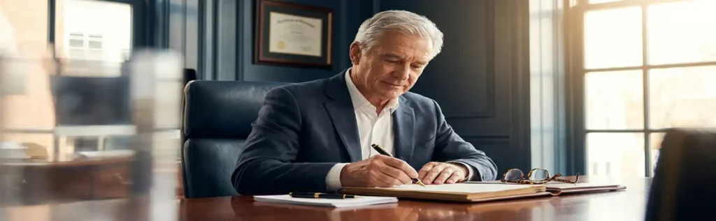 Zilverhaar ondernemer in maatpak ondertekent document aan mahonie bureau, leesbril en vulpen naast hem, warm middaglicht.