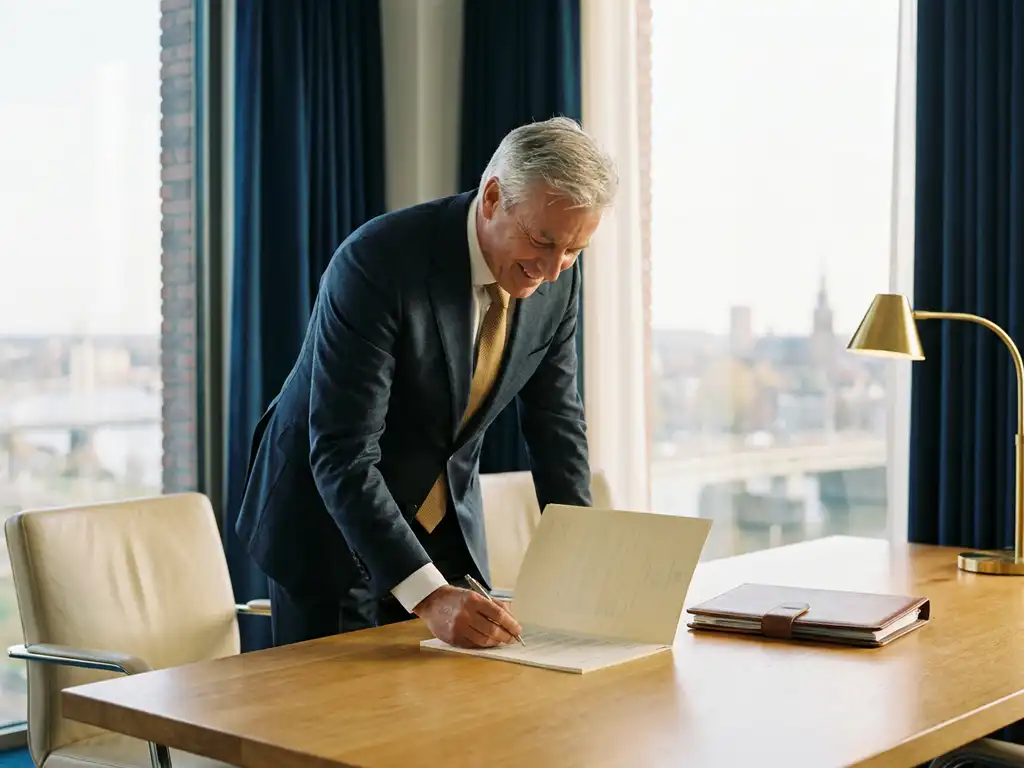 Nederlandse ondernemer in maatpak bestudeert zakelijk document aan eikenhouten bureau met skyline van Nijmegen op achtergrond.
