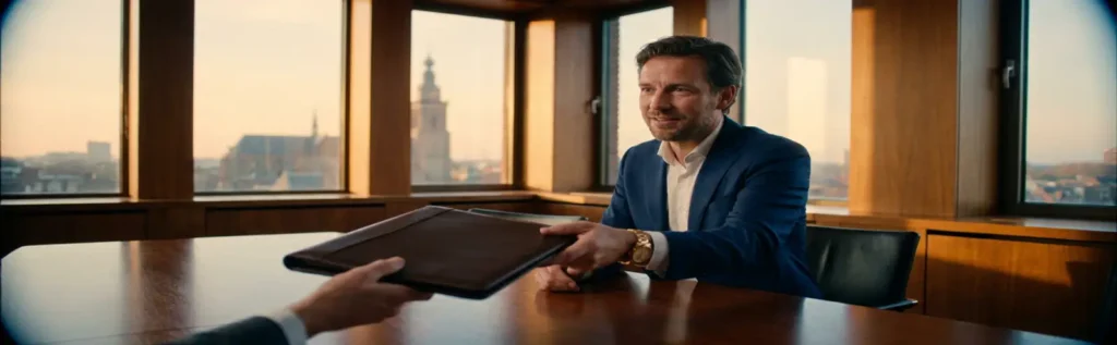 Nederlandstalige ondernemer overhandigt documentenmap in vergaderzaal met skyline van Nijmegen op achtergrond.