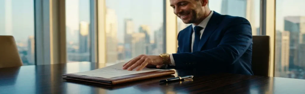 Ondernemer schuift ondertekende documentmap over vergadertafel naar investeerder, vulpen ernaast, stadsgezicht op achtergrond.