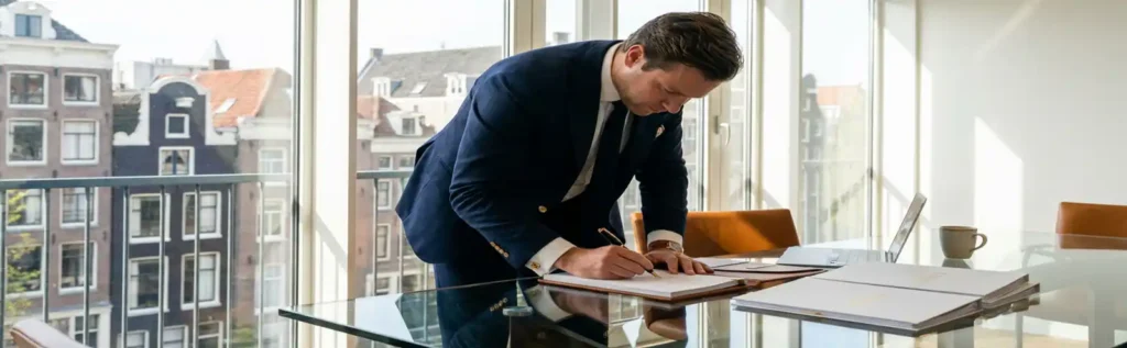 Ondernemer ondertekent acquisitiedocument aan glazen vergadertafel in modern Amsterdams kantoor met uitzicht op daken.