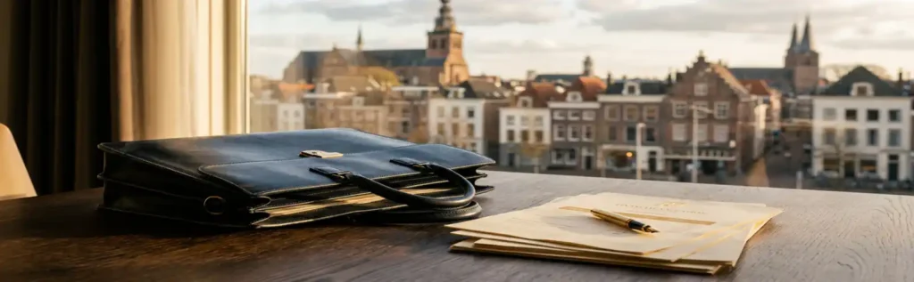 Open leren aktetas op eikenhouten bureau met financiële waarderingsdocumenten en vulpen, skyline van Nijmegen op achtergrond.
